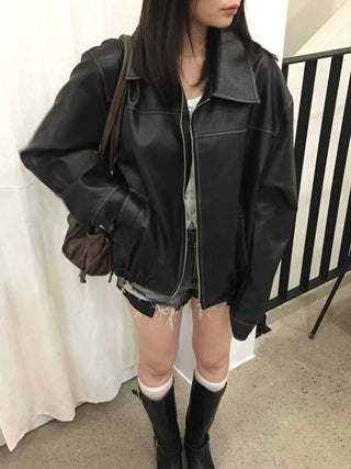 Utility Pocket Collar Leather Jacket