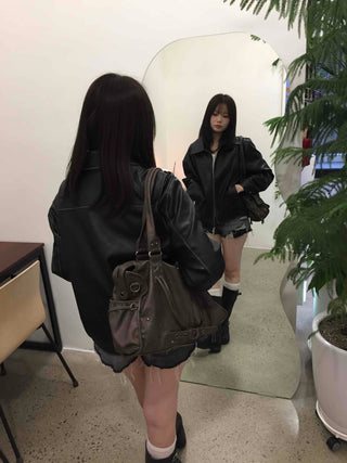 Utility Pocket Collar Leather Jacket