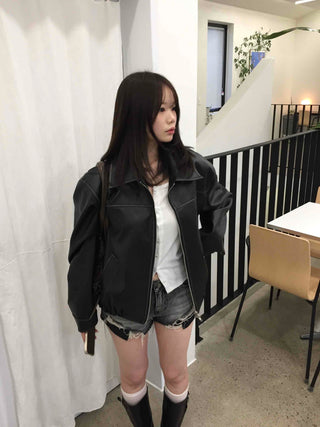 Utility Pocket Collar Leather Jacket