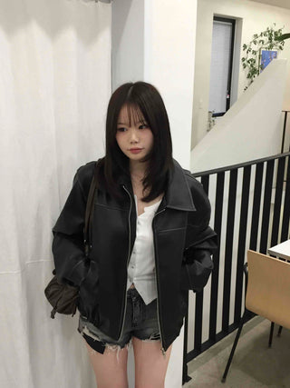 Utility Pocket Collar Leather Jacket