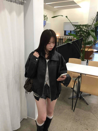 Utility Pocket Collar Leather Jacket