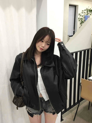 Utility Pocket Collar Leather Jacket