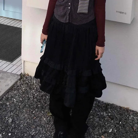 Vintage Frill Elastic Midi Skirt