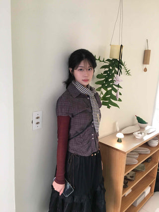 Vintage Check Front Shirred Collar Shirt