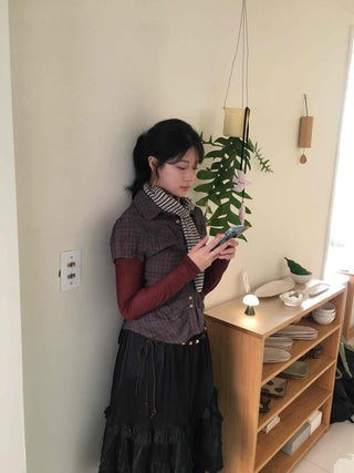 Vintage Check Front Shirred Collar Shirt