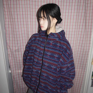 Retro Pattern Loose Fit Full-Zip Fleece Jacket