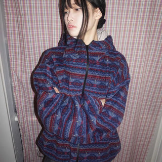 Retro Pattern Loose Fit Full-Zip Fleece Jacket