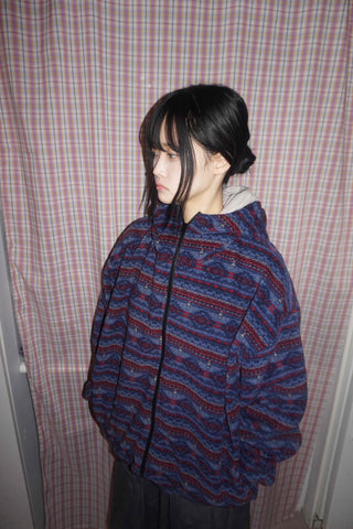 Retro Pattern Loose Fit Full-Zip Fleece Jacket