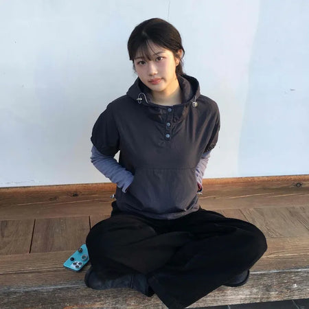 Two-tone Button Hood Drawstring Oversized Short Sleeve Hoodie