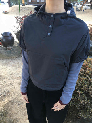 Two-tone Button Hood Drawstring Oversized Short Sleeve Hoodie