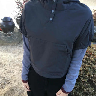Two-tone Button Hood Drawstring Oversized Short Sleeve Hoodie