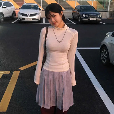Soft Color Mock Neck Button Neck Slim Fit Long Sleeve T-shirt