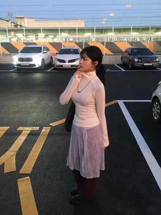 Soft Color Mock Neck Button Neck Slim Fit Long Sleeve T-shirt