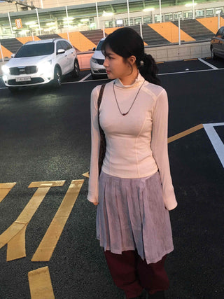 Soft Color Mock Neck Button Neck Slim Fit Long Sleeve T-shirt