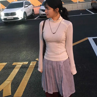 Soft Color Mock Neck Button Neck Slim Fit Long Sleeve T-shirt