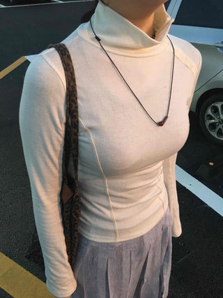 Soft Color Mock Neck Button Neck Slim Fit Long Sleeve T-shirt