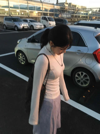 Soft Color Mock Neck Button Neck Slim Fit Long Sleeve T-shirt