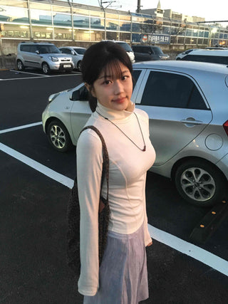 Soft Color Mock Neck Button Neck Slim Fit Long Sleeve T-shirt