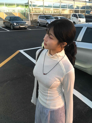 Soft Color Mock Neck Button Neck Slim Fit Long Sleeve T-shirt