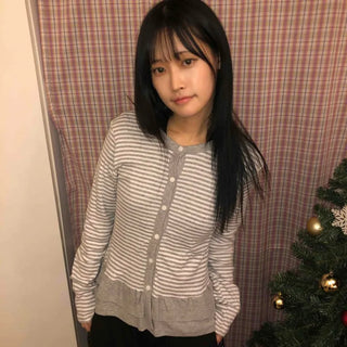 Striped Frill Button-Up Knit Cardigan