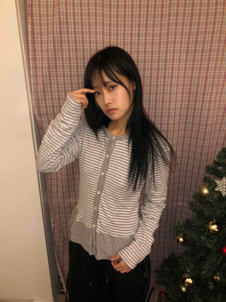 Striped Frill Button-Up Knit Cardigan