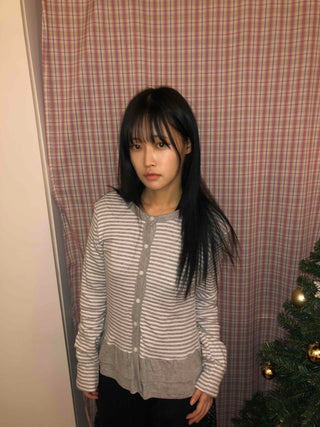 Striped Frill Button-Up Knit Cardigan