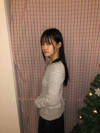 Striped Frill Button-Up Knit Cardigan