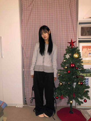 Striped Frill Button-Up Knit Cardigan