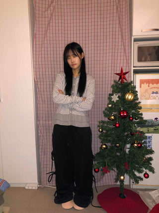 Striped Frill Button-Up Knit Cardigan
