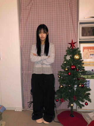 Striped Frill Button-Up Knit Cardigan