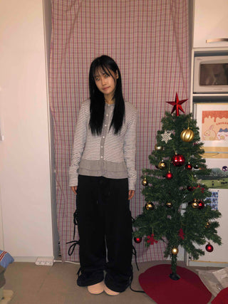 Striped Frill Button-Up Knit Cardigan