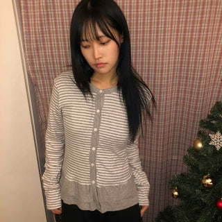 Striped Frill Button-Up Knit Cardigan