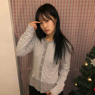 Striped Frill Button-Up Knit Cardigan