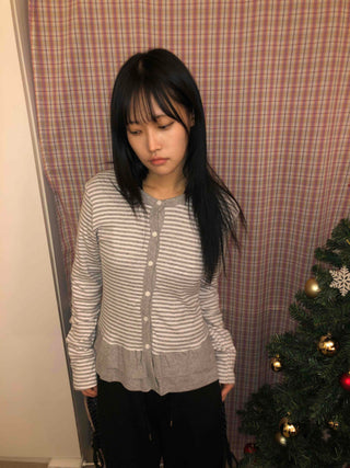 Striped Frill Button-Up Knit Cardigan