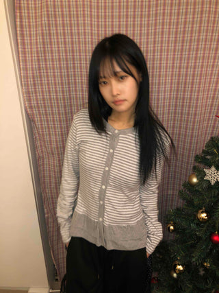 Striped Frill Button-Up Knit Cardigan