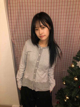 Striped Frill Button-Up Knit Cardigan