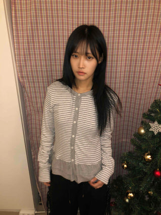 Striped Frill Button-Up Knit Cardigan