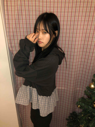 Check Frill Layered Hoodie