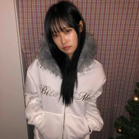 Lettering Fur Hooded Short Zip-Up
