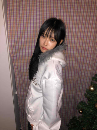 Lettering Fur Hooded Short Zip-Up