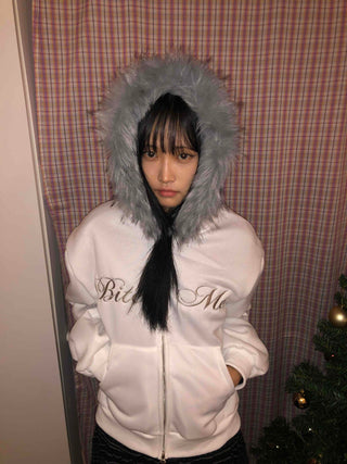 Lettering Fur Hooded Short Zip-Up
