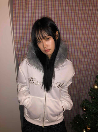 Lettering Fur Hooded Short Zip-Up