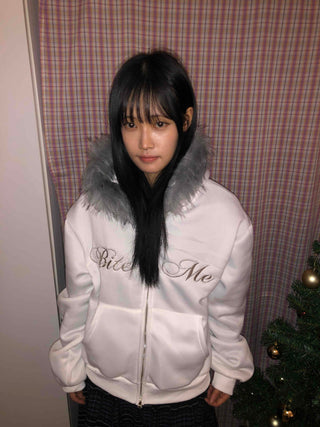 Lettering Fur Hooded Short Zip-Up