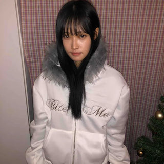 Lettering Fur Hooded Short Zip-Up