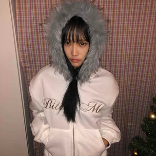 Lettering Fur Hooded Short Zip-Up