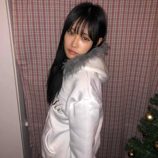 Lettering Fur Hooded Short Zip-Up