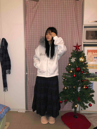 Lettering Fur Hooded Short Zip-Up