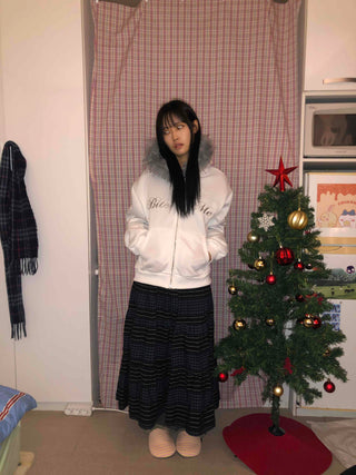 Lettering Fur Hooded Short Zip-Up