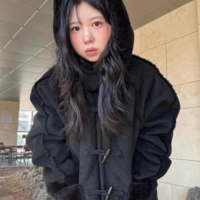 Fur-trimmed Pocket Double Toggle Oversized Duffle Jacket