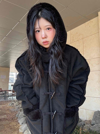 Fur-trimmed Pocket Double Toggle Oversized Duffle Jacket